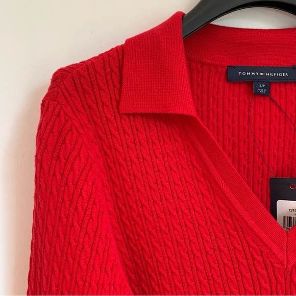 Sale! $70 Tommy Hilfiger Women's Classic Red Johnny Collar Cable Sweater Size S - Picture 3 of 9